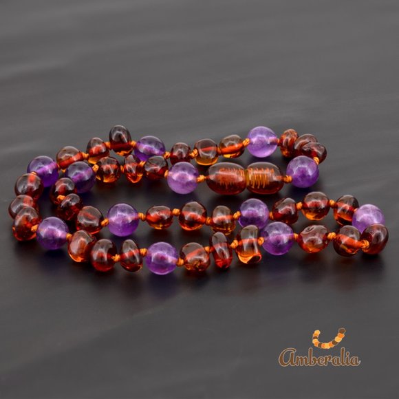 Amberalia Baltic Amber Baby Teething Necklace - Cognac /Amethyst 12.5" - Picture 4 of 6